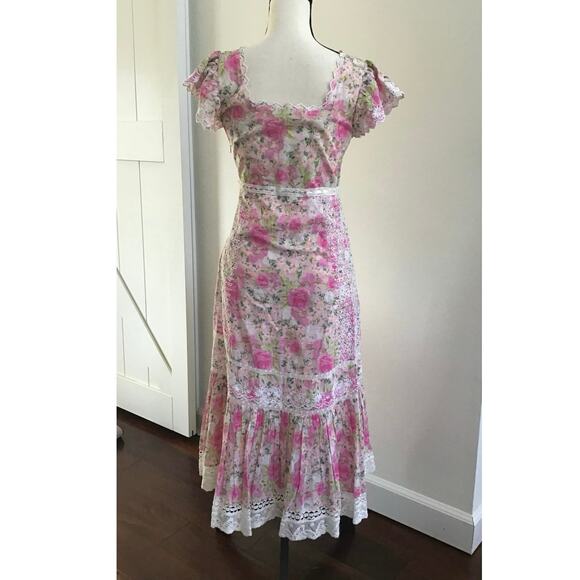 LoveShackFancy 🌷 Cottagecore Pink Floral Embroidered Lace Rare Midi Dress sz 0 - Picture 5 of 15